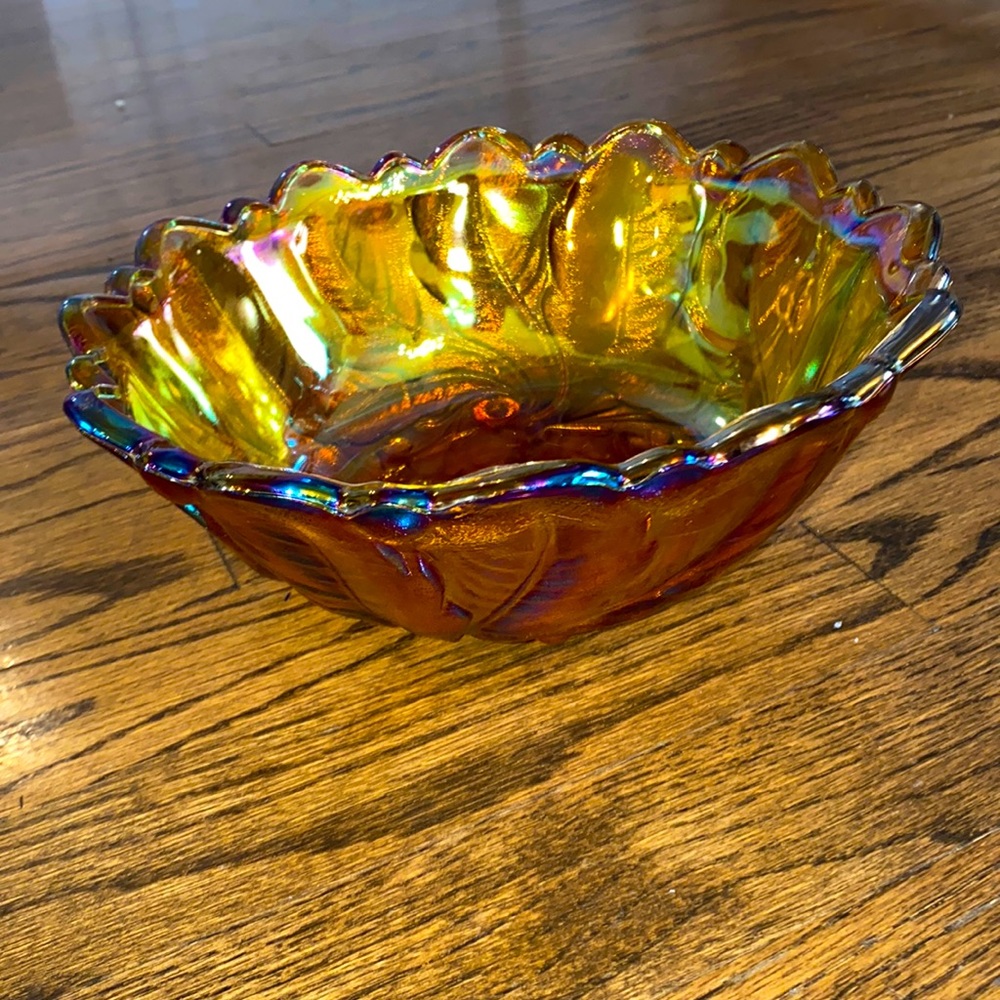 Marigold Carnival Glass iridescent large footed bowl- stunning. Rare